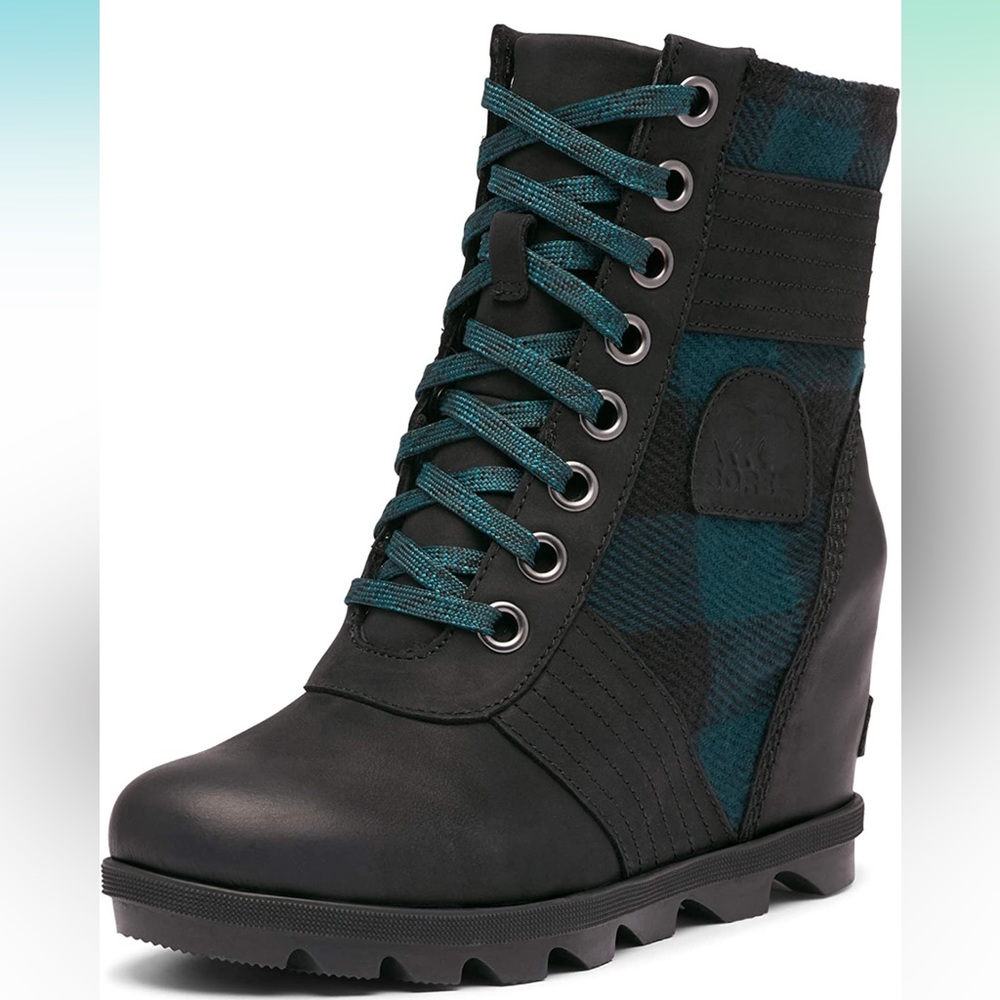 Sorel Lexie Leather Buffalo Plaid wedge bootie